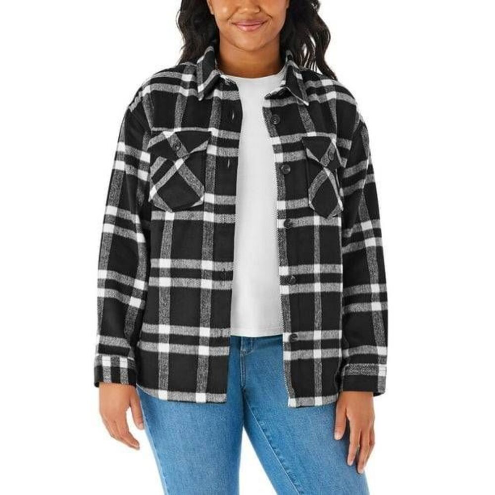 Members Mark Black White Plaid Flannel Shirt Jacket Shacket Large Winter Trendy